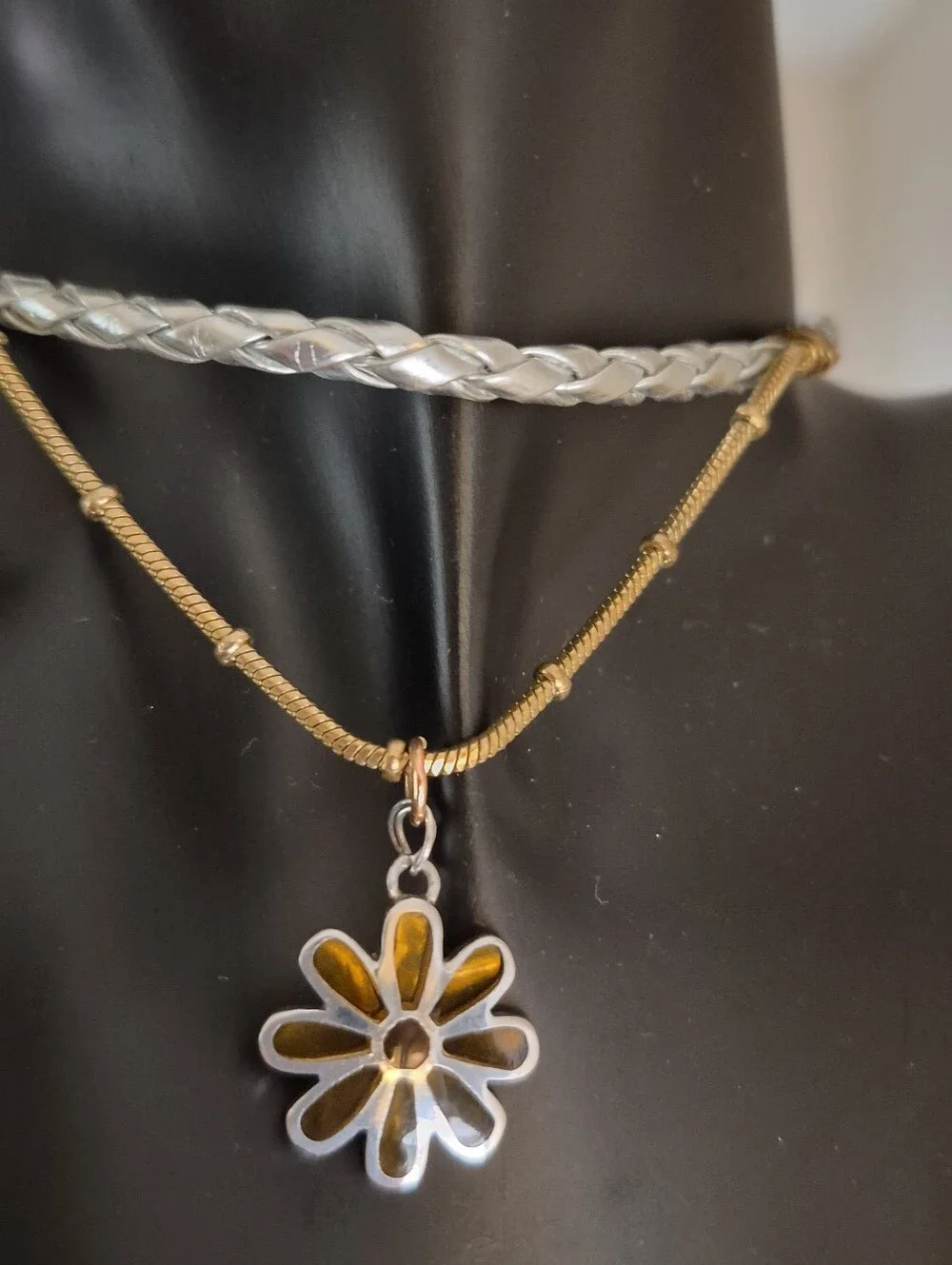 Handmade Sterling Silver Yellow Glass Inlay Daisy Pendant Leather Chain Choker
